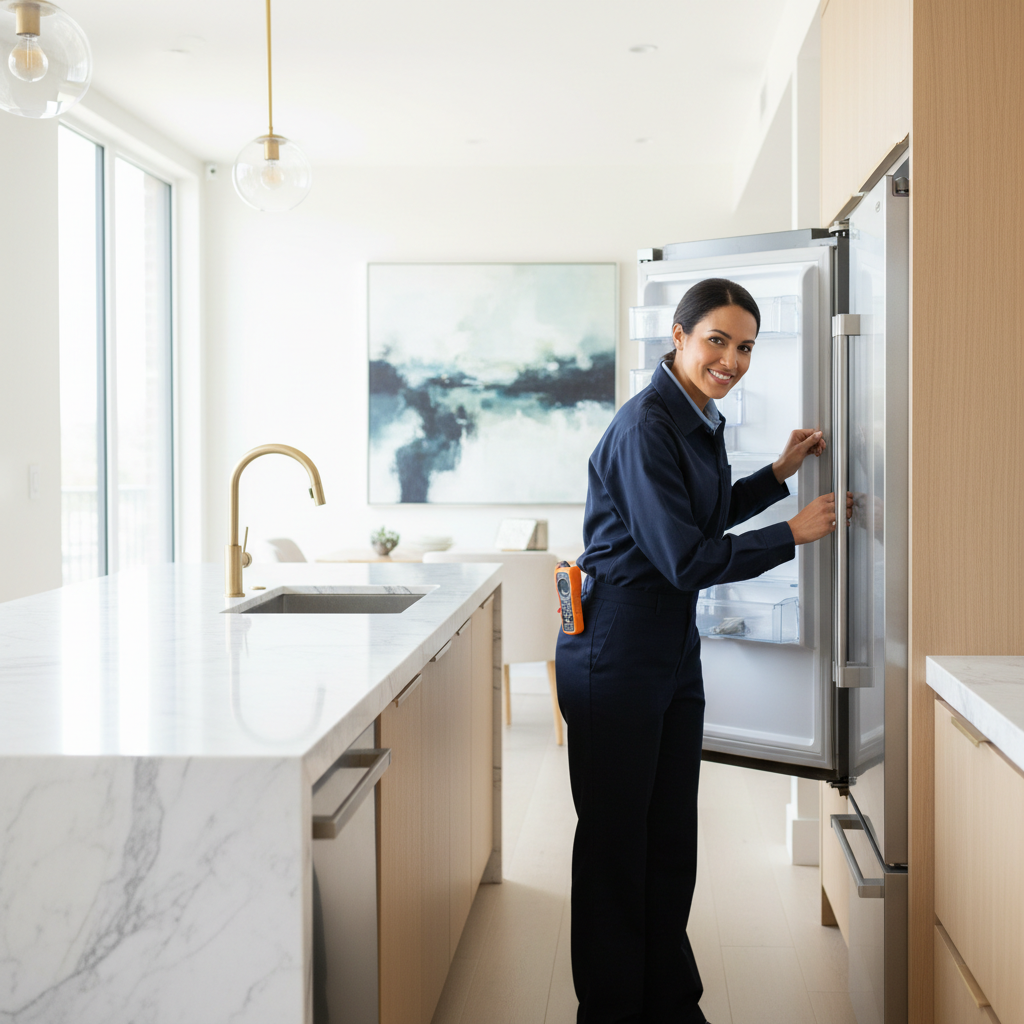 Professional technician inspecting a built-in refrigerator